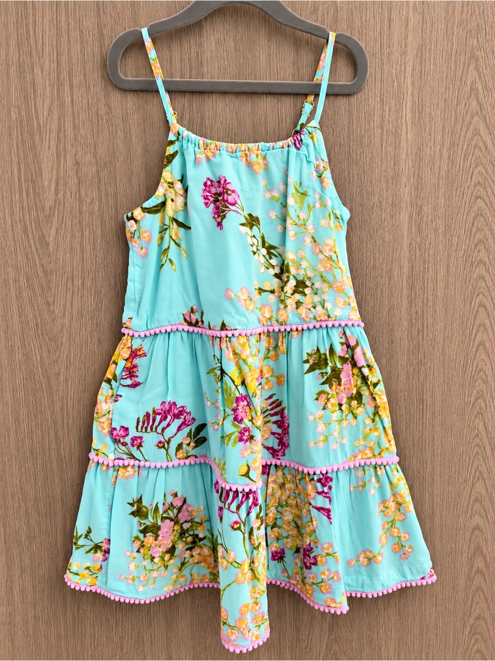 Vineyard Vines Girls Floral Tiered Pom Pom Dress Aqua Size 7/8
